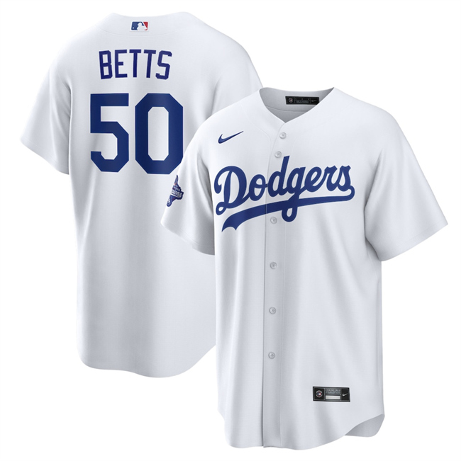 Men's White Los Angeles Dodgers #50 Mookie Betts 2025 World Series Champions Patch Cool Base Stitched Baseball Jersey